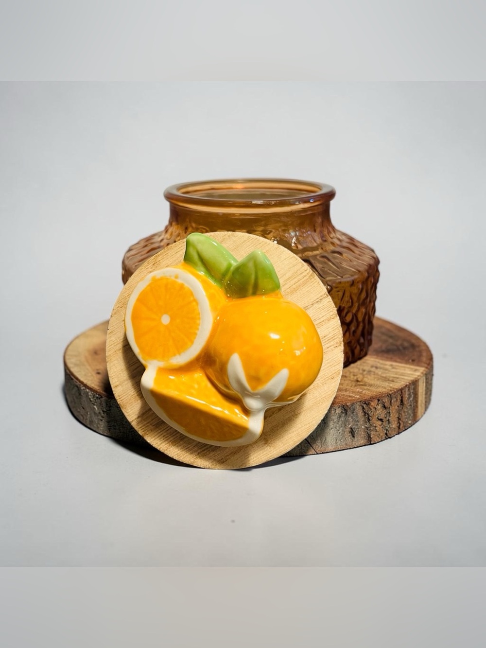 Orange Textured Glass Trinket Dish with Decorative Wooden Lid - Repurposed